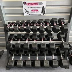 Top quality ⭐️New pair of 5,10,15,20,25,30,35,40,45,50,55,60lb rubber dumbbells with rack. $958