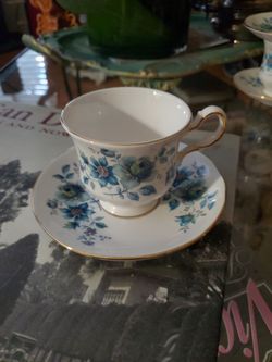 Vintage Queen Anne Pattern 8500 Teal Blue Floral Banquet Tea Cup And Saucer