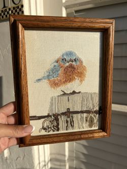 Vintage "Mad Blue Bird" cross-stitch Hand stitched 9x7” Wooden Wall Art Wall Hanging Artwork