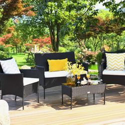 Brand New 4PCS Patio Rattan Furniture Set, Outdoor Furniture Set  Cushioned Sofa Coffee Table Backyard Porch