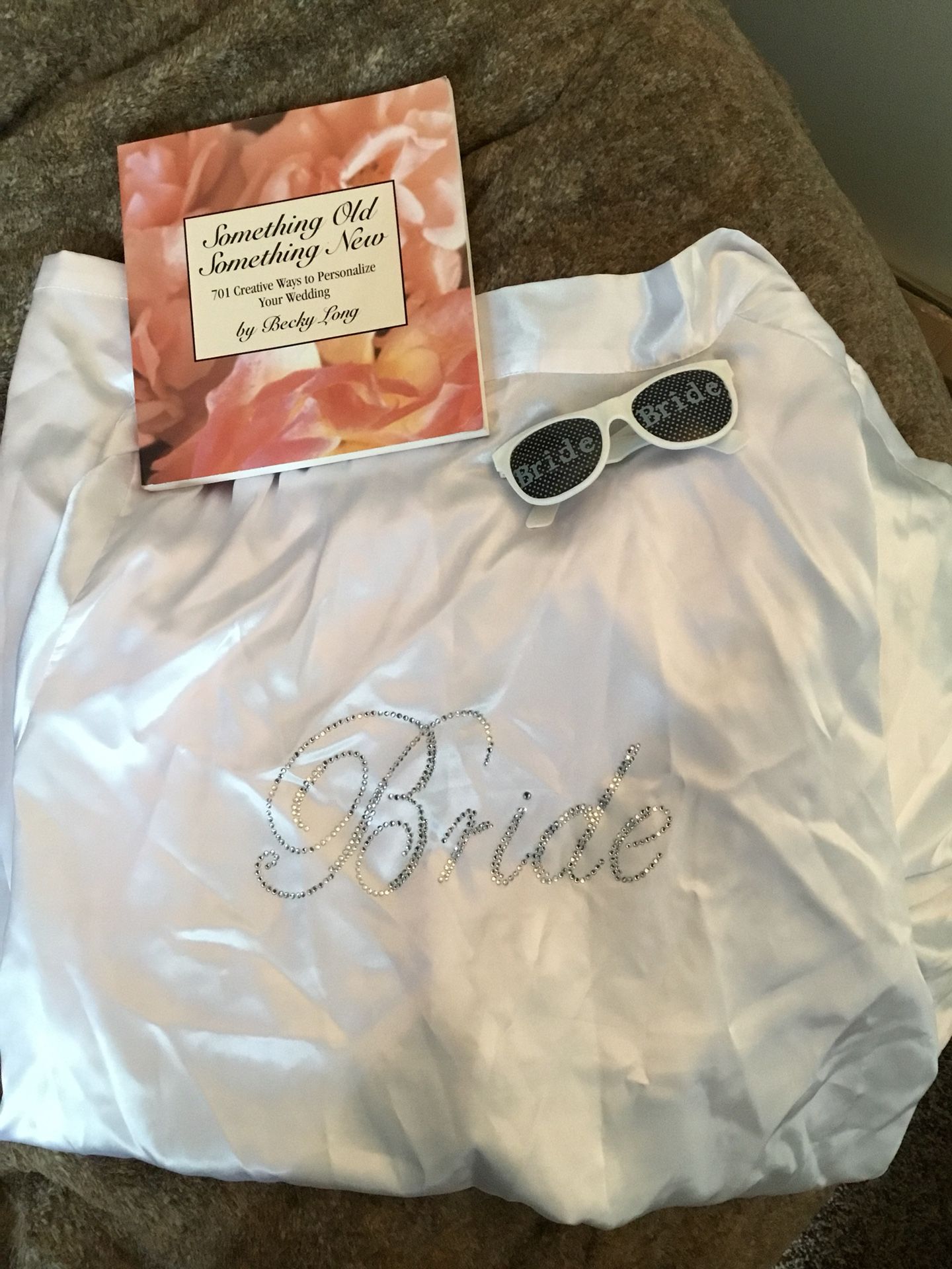 David’s Bridal “Bride” Robe size L/XL, sunglasses and Book