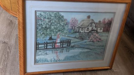 Framed Pastel print of lady on a bridge