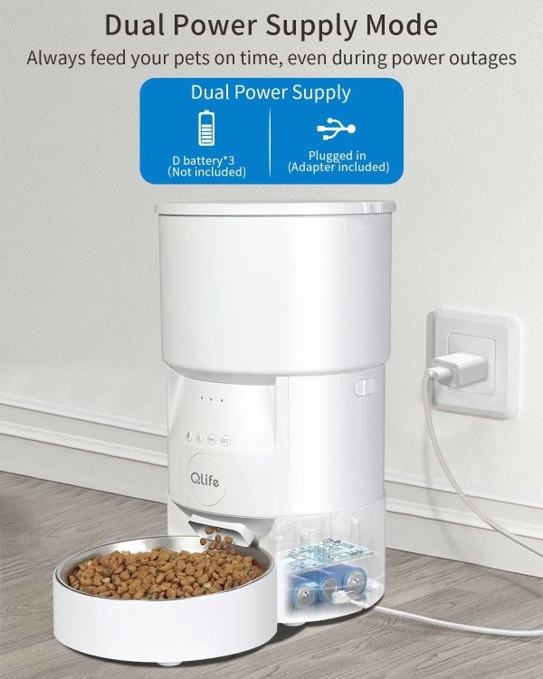 QLIFE WiFi Automatic Pet Feeder, 3L Portion Control Food Dispenser - White