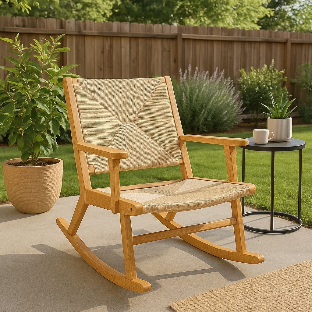 Mid-Century Modern Wooden Rocking Chair with Woven Rope Seat & Backrest – Natural Oak Finish