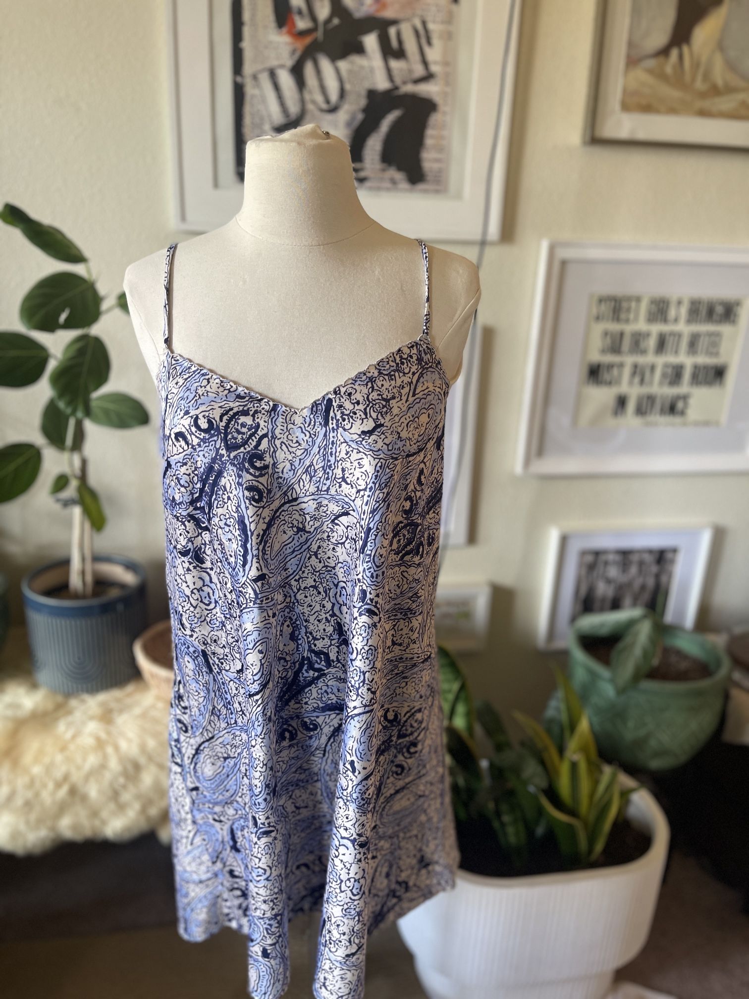 Vintage sleeveless paisley night nightgown mini slip dress women’s size large 