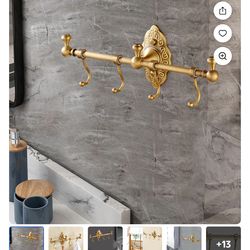 Vintage Towel Storage Shelf Brass Towel Bar Holder Wall-Mounted Rack W/ 4 Hooks