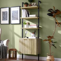 0861 Oxford Bookshelf, Ladder 5 Tier Open Bookshelf, Tall Book Shelf with Cabinet, Wall Mount Bookshelves with Display Rack, Bookcase with Shelves for