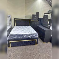 5 Pieces Black and Gold Color King Or Queen Bed Set
