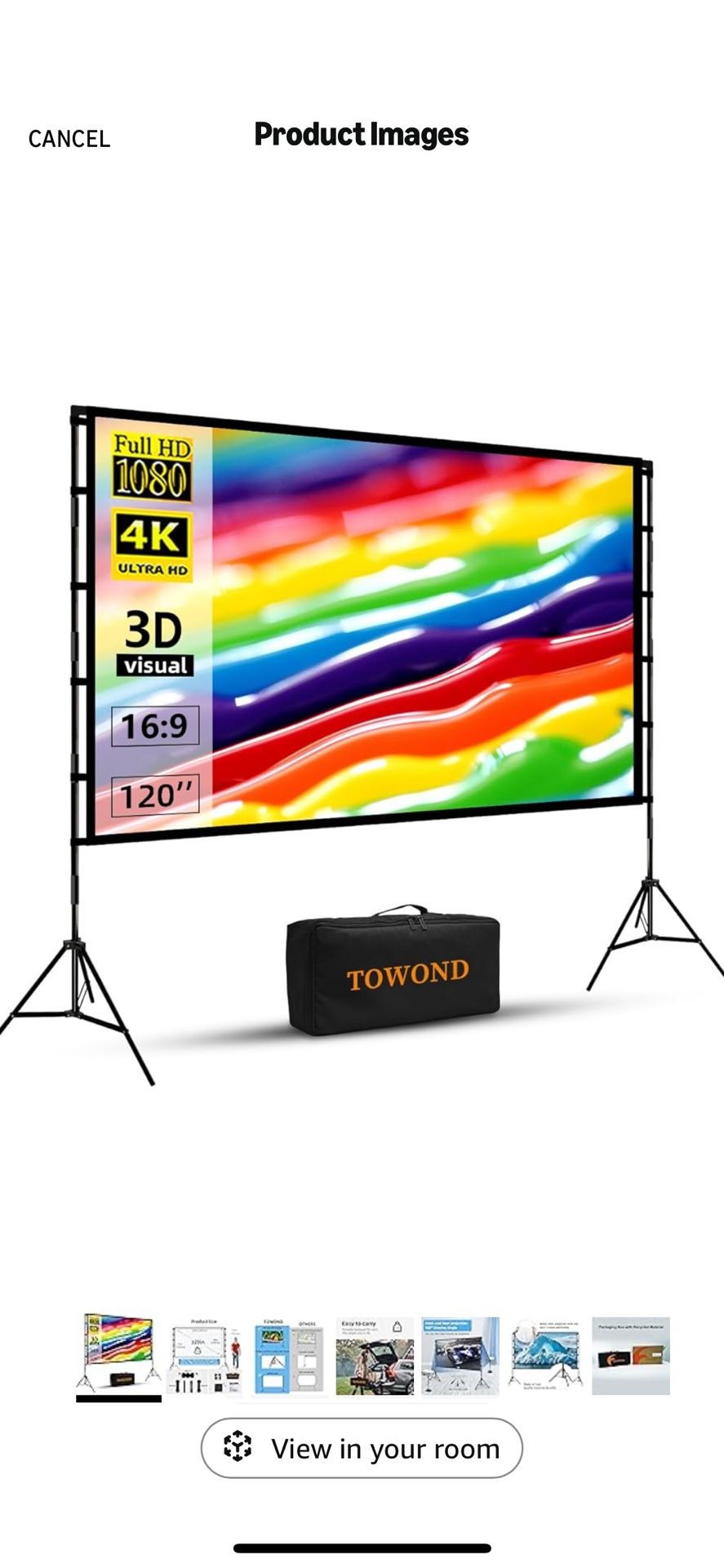 Projector Screen and Stand, Towond 120 inch Portable Projector Screen Indoor Outdoor Movie Screen 16:9 4K HD Wrinkle-Free Lightweight Projection Scree