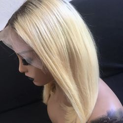 13x4 Synthetic Pre-plucked Ash Blonde Ombré Transparent Lace Front  Wig, 12 inch