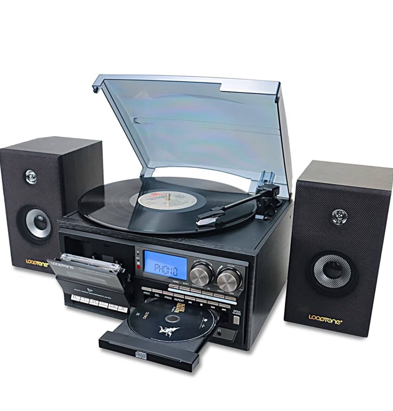 Vinyl Record Player with Dual 15W External Speakers 10 in 1 3 Speed Bluetooth Vintage Turntable CD Cassette Player AM/FM Radio USB Recorder Aux-in RCA