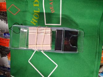 Black jack table felt and poker with card holder and cards