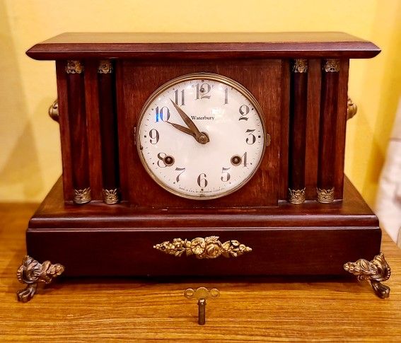 Antique Waterbury Mantle Clock Mahogany Finish Brass 