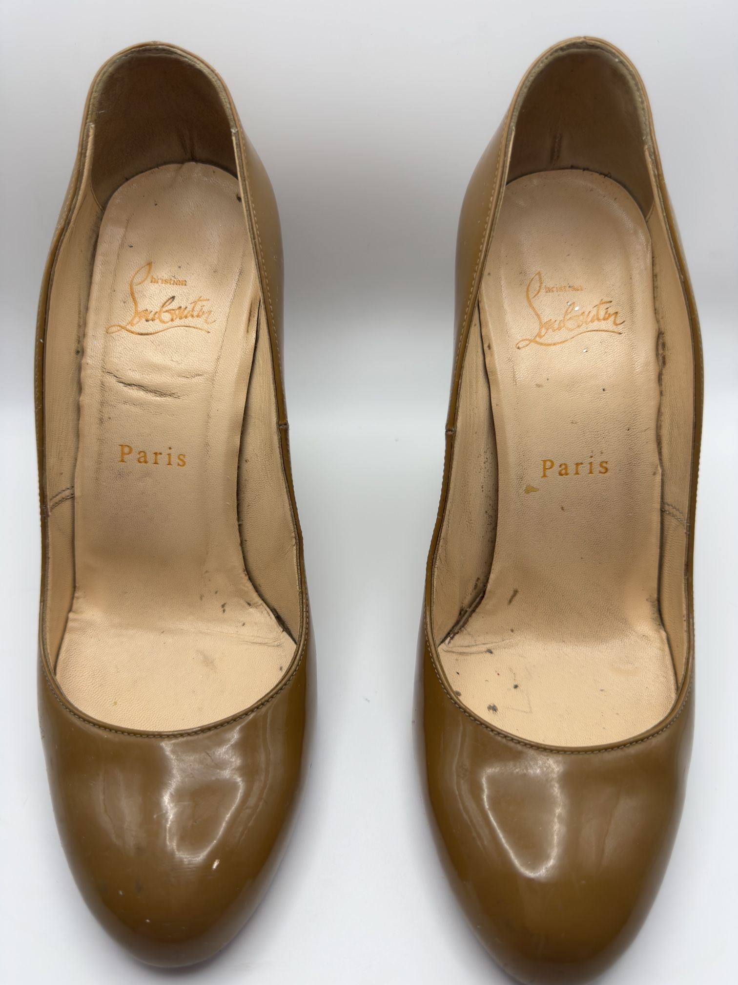 Christian Louboutin Wedge Patent Leather Pumps Heels Dark Beige Tan 