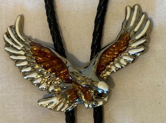 Vintage Metal Bolo Tie, Nice American Bald Eagle Bird, Nice Silver and Resin and Enamel Design, Nice Western Design, 2 1/2" x 2", Quality, Heavy Duty,