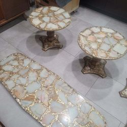 Arturo Pani - Rare Vintage Onyx & Abalone Coffee Table and End Tables