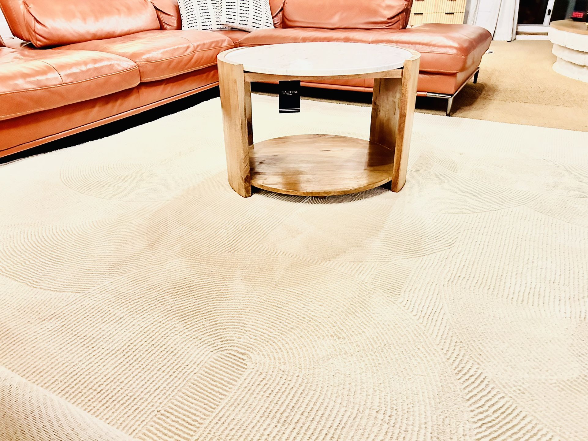 Creme 9’x12’ Brand New Rug, Coffee Table, Hanging Chairs & More!!