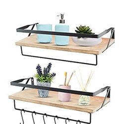 JS HANGER Floating Shelves Wall Mounted with 2 Tower Bars - Extra Wide Rustic Wood Shelves Storage Wall Shelves for Kitchen, Bathroom, Living Room an