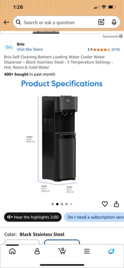 Brio Self Cleaning Bottom Loading Water Cooler Water Dispenser – Black Stainless Steel - 3 Temperature Settings - Hot, Room & Cold Water