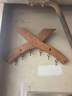 Antique Wooden Yoke Coat Rack / Meat Rack with Iron Hooks - Rustic Wall Decor