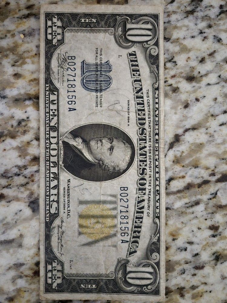 1934-A Yellow Seal North Africa Silver Certificate $10 Bill