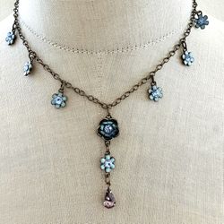 Avon Vintage Blue Enamel Y Flower Necklace