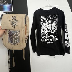 Attack On Titan AOT Black Long Sleeve SHIRT AND BACKPACK  Anime Bundle Sz S