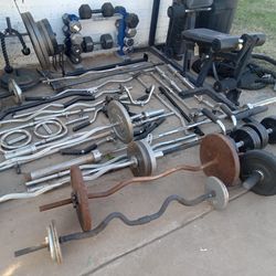 2 bench press bars weights dumbbells Ect All together