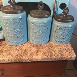 Set Of 3  Antique Blue Canisters 