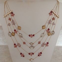 Gold Tone 5 Strands with  Plum Crystals