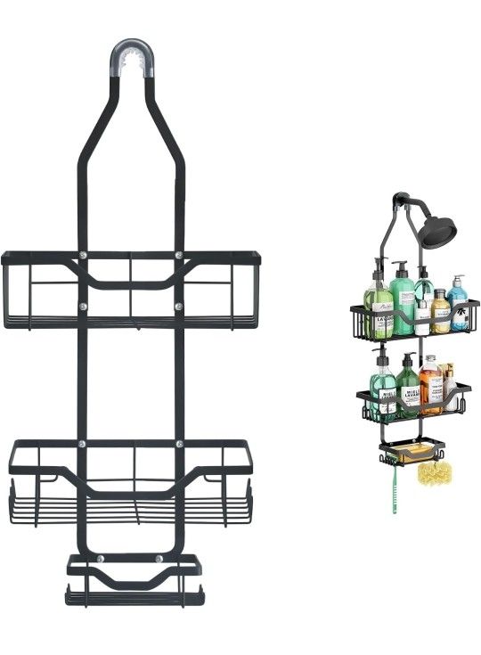 NEW! Hanging Shower Caddy Organizer with Soap Basket & 12 Hooks, Rustproof Metal Black