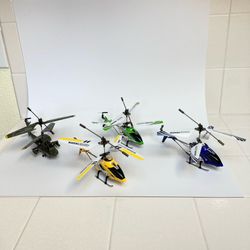 Lot of Mini Indoor RC Helicopters With Gyro, Remote Controls, Charging Cords, Batteries, Parts