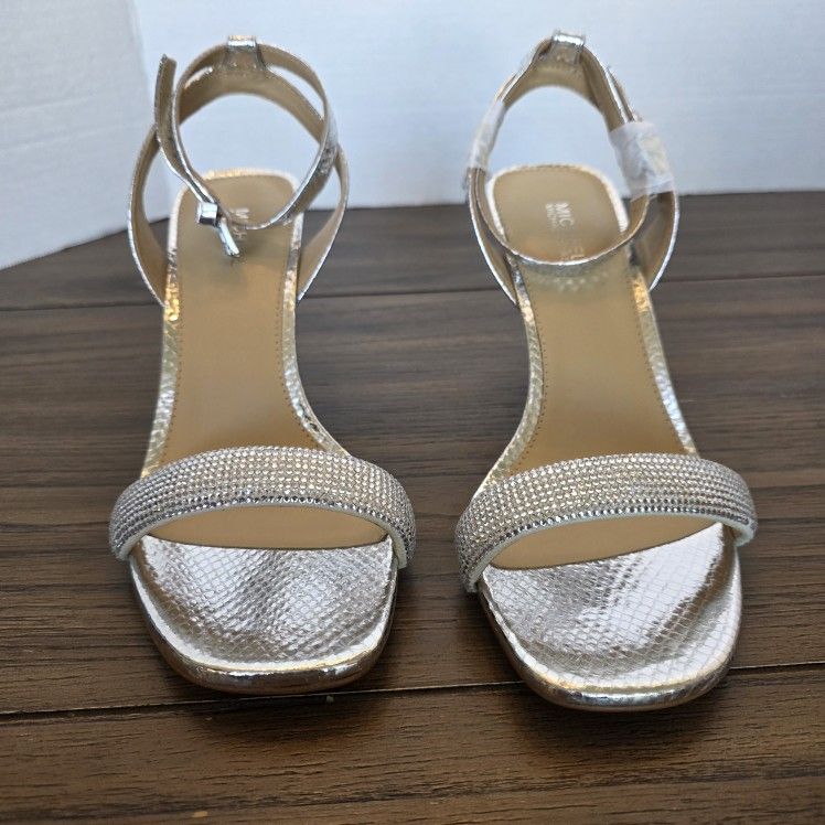 Michael Kors Carrie Rhinestone/Leather Sandal Silver Women's Size 6.5