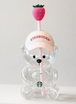 Starbucks Bear Glass Cup with Strawberry Straw
