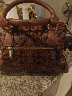 Brown Floral Embossed Leather Satchel Handbag