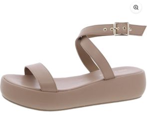 Woman’s Sun Stone Flat Form Faux Leather Ankle Strap Sandals, size 9.5