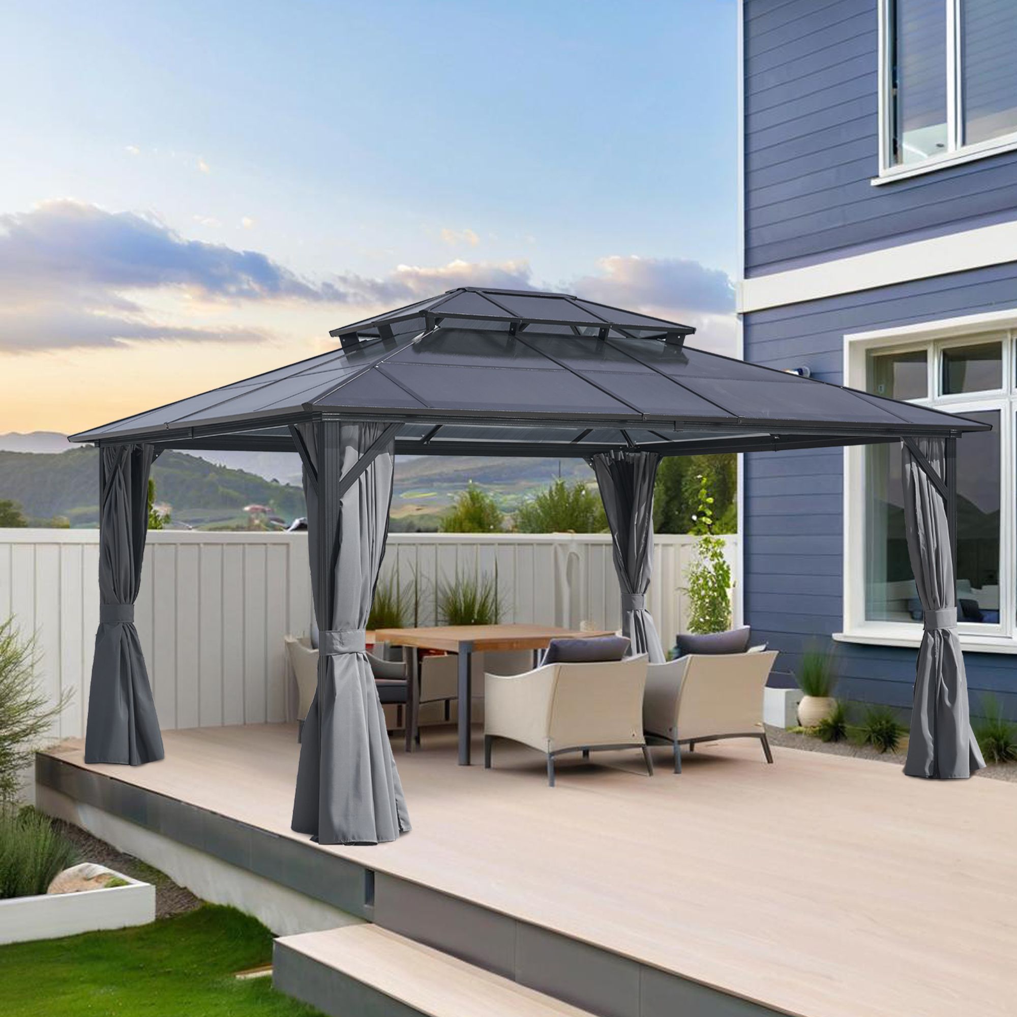 10x12FT Hardtop Gazebo Double Roof Canopy Outdoor with Netting and Curtains, Aluminum Frame Polycarbonate Roof Garden Tent for Patio, Backyard, Deck,