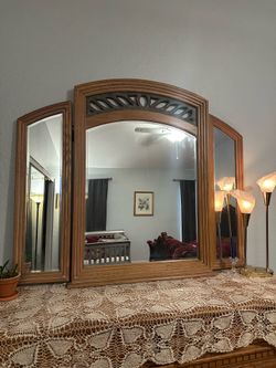 vintage tri-fold wood dresser mirror