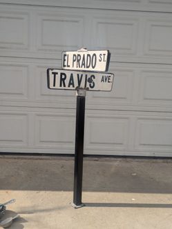 Vintage porcelain street signs on custom stand
