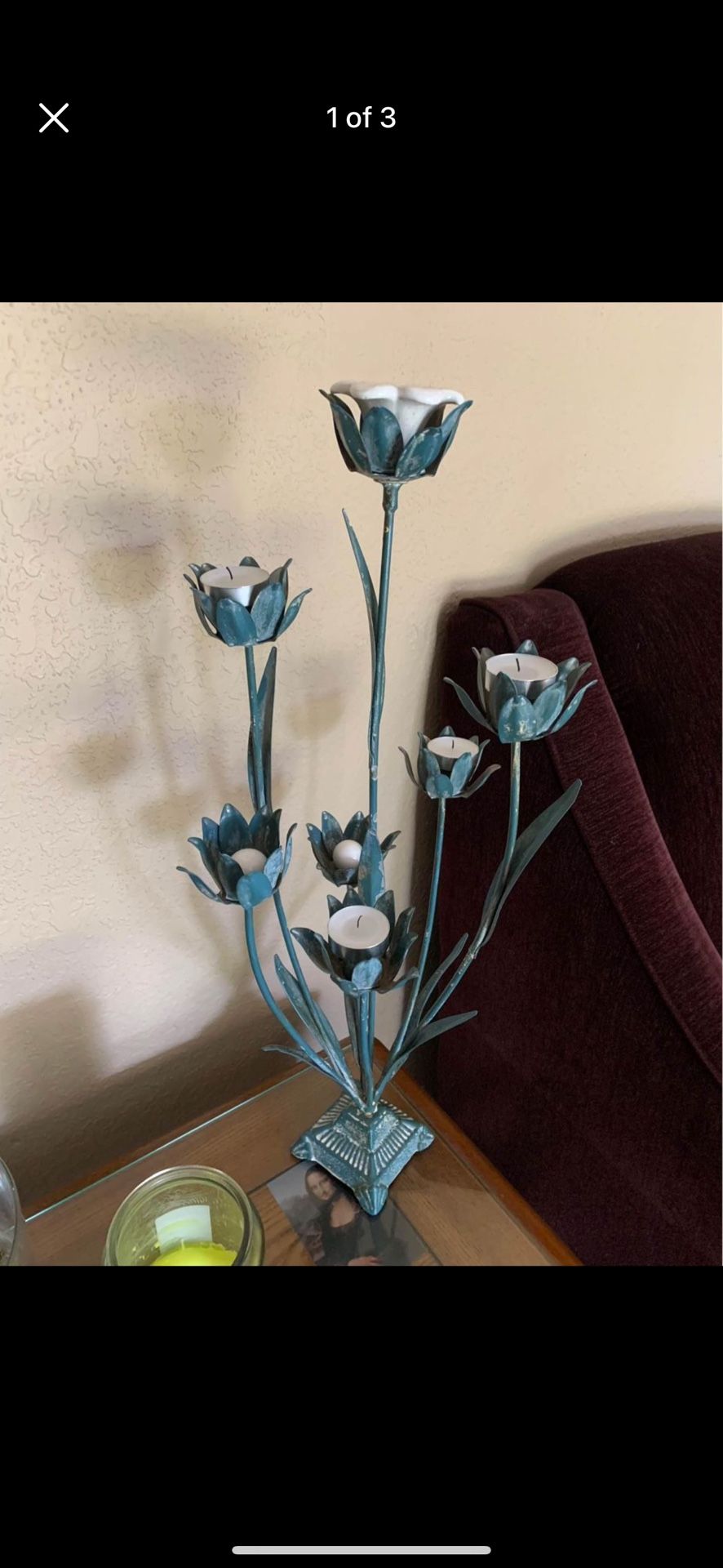 Unique Vintage Green Metal Flower Candelabra