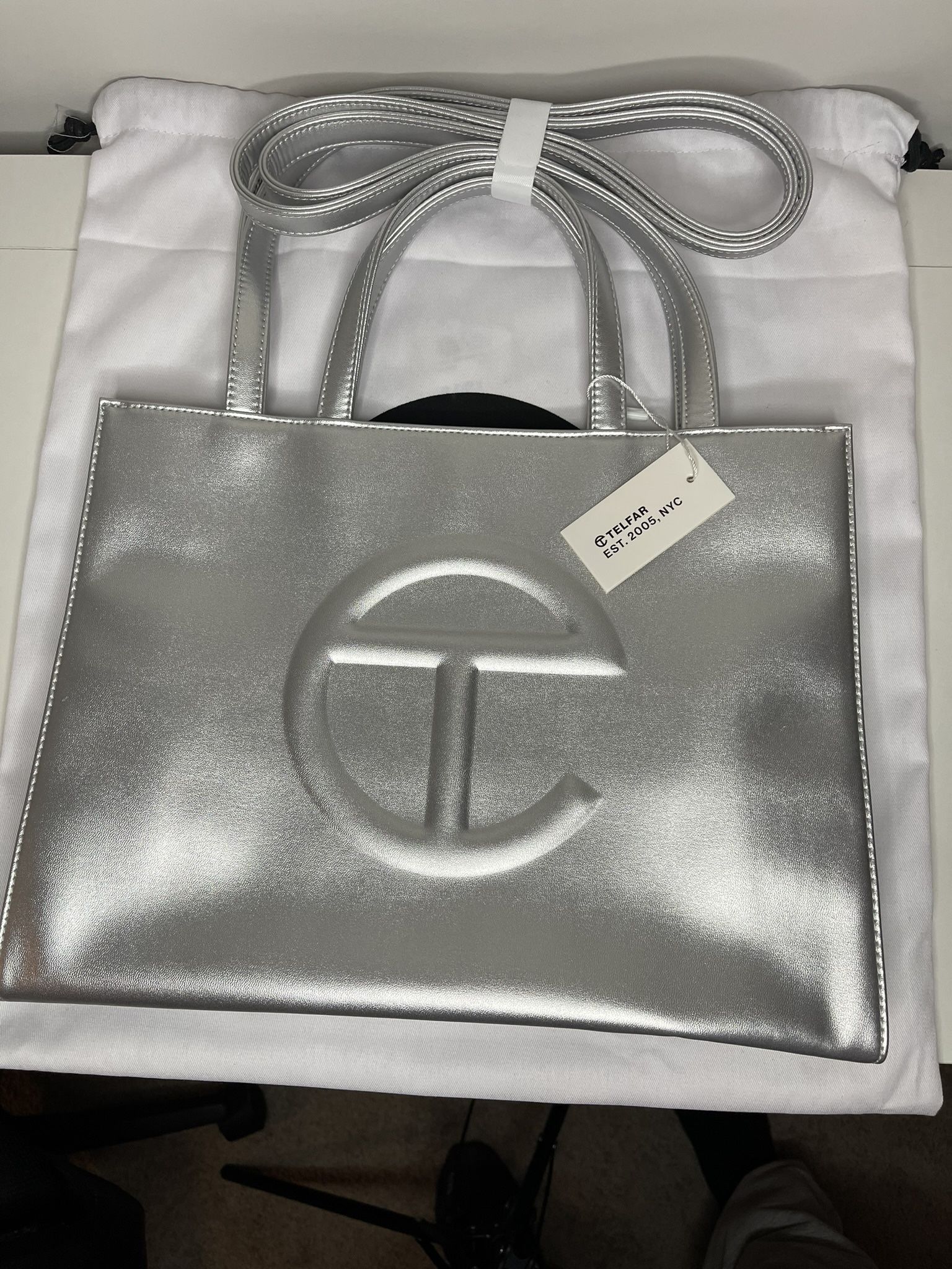 Telfar Silver Medium Shopping Bag, Guaranteed Authentic