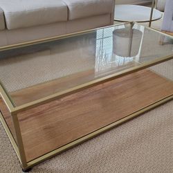 48" Crate & Barrel Coffee Table Gold Metal Glass Wood Two-tiered
