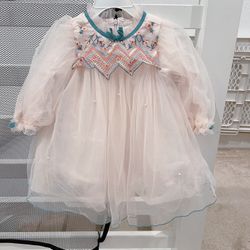 New 12 month baby girl dress long sleeve Embroidery Beaded Tulle Dress toddler dress pink  Comes from pet free smoke free home  New without tag