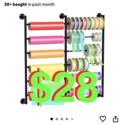 Double 6-Tier Ribbon Storage Organizer, Large Capacity Wall Mount Ribbon Organizer with 12 Removable Rods, Gift Bag Yarn Storage Holder for Craft Room
