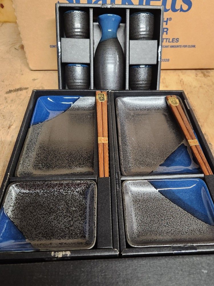 All New. Sake Set, Plates & Chopsticks 