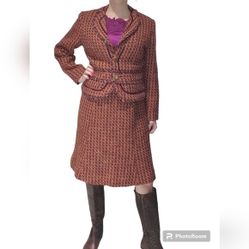 Canvasbacks Vintage Orange,Purple,Brown Tweed SkirtSuit,Ruffle detail trim size8 