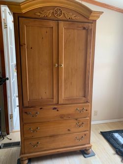 Pine Wood Armoire with Drawers and bed frame