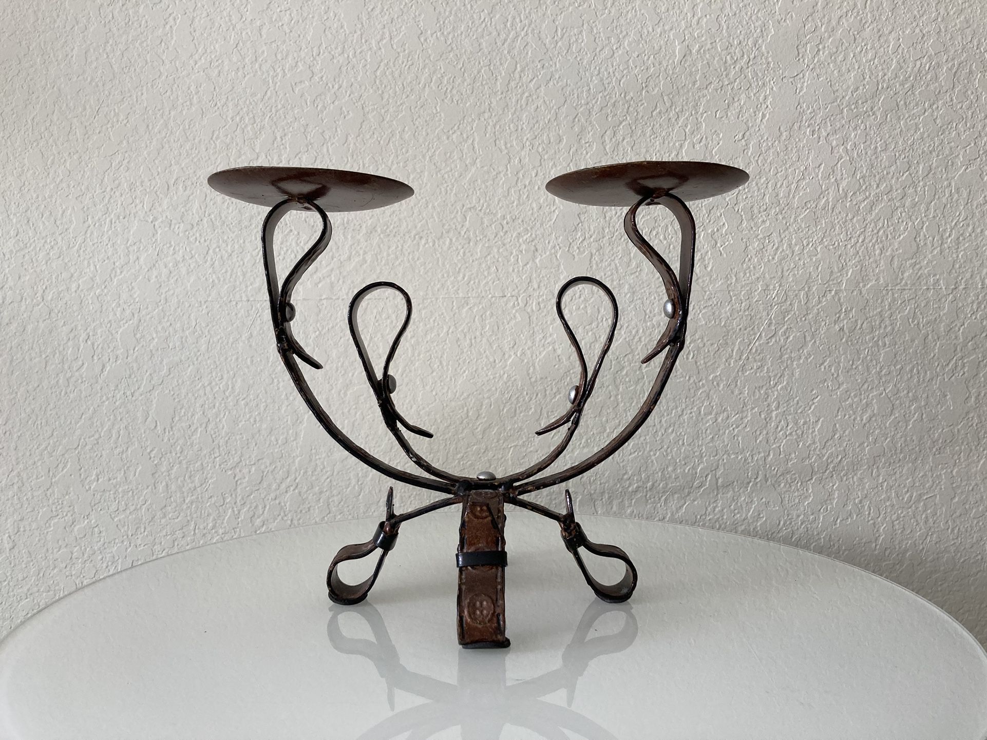 Rustic Metal Candle Holder Leather Cowboy Rustic