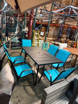 New assembled 7pcs outdoor Black Rectangle Powder-Coated Metal Dining Table with with 6 Peacock Blue Stackablechairs