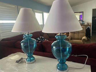 Matching Aqua Teal Glass Table Lamps (Set of 2)